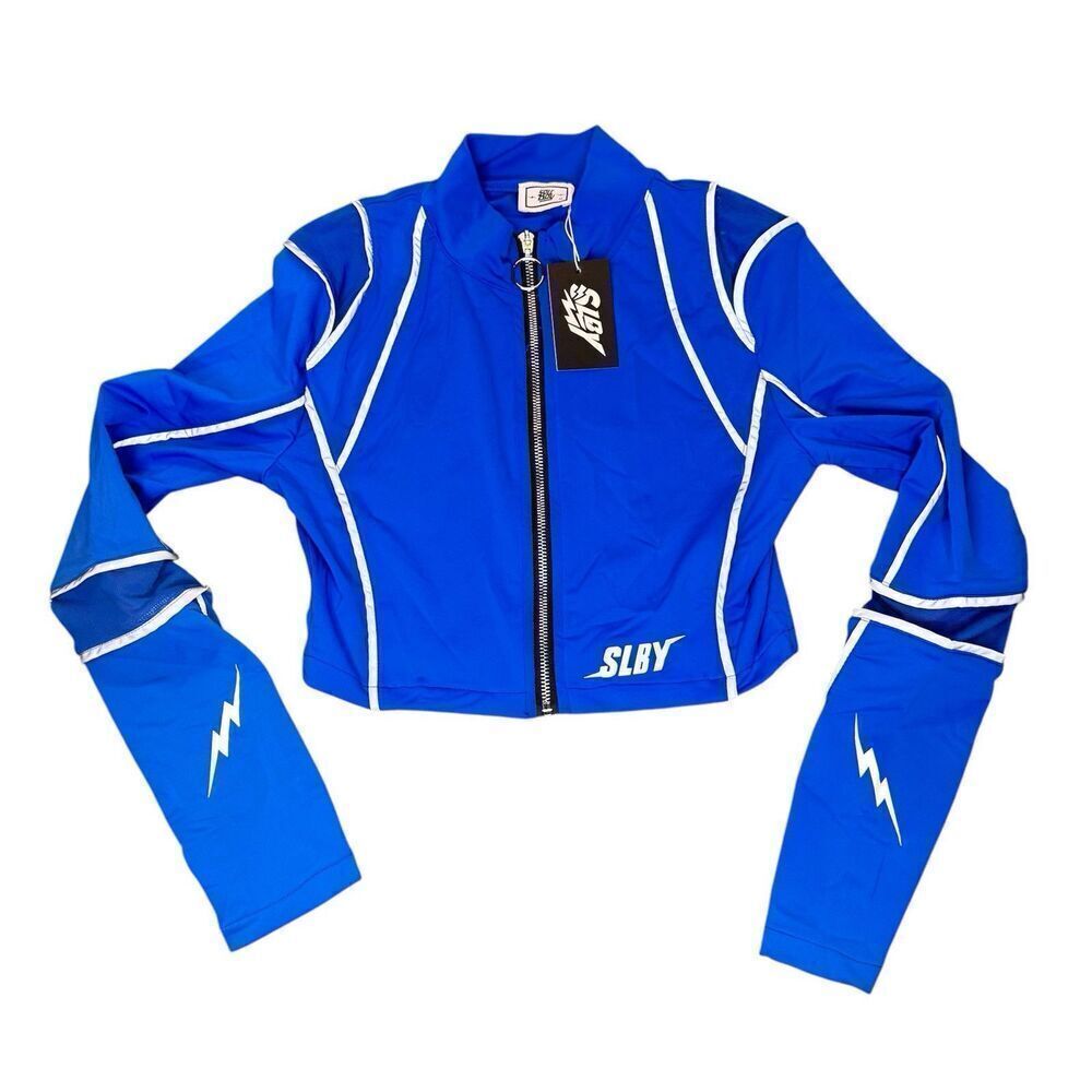 SOLEBOY Sz M Lightening Bolt Track Jacket Blue Long Sleeve Activewear Top NWT